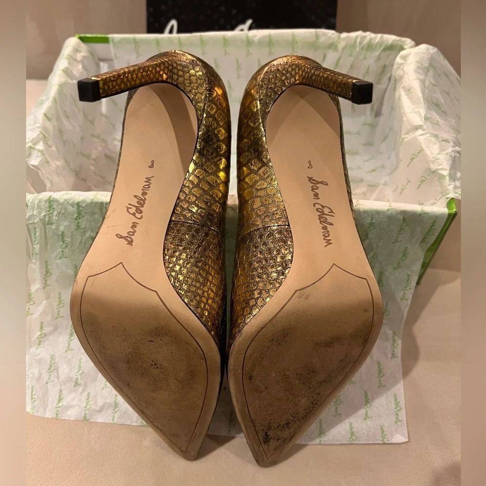 Sam Edelman Gold Metallic Pointed Toe Pumps with Embossed Texture